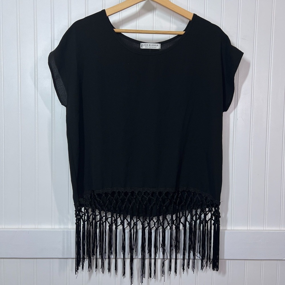 Jon Anna Blouse Black Whimsigoth Fringe Glam Short Sleeve Sheer Accents Women's